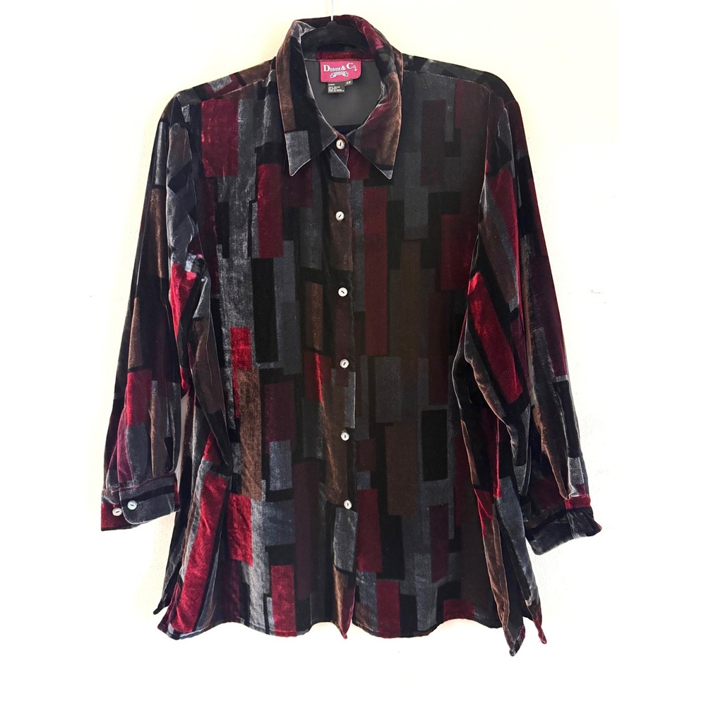 Denim & Co Womens 2X Velvet Button Down Shirt Geometric Red Gray A39691